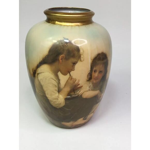 Vintage 8" House of LLoyd Vase Decoupage Porcelain with gold Trim girls flute - Picture 1 of 7